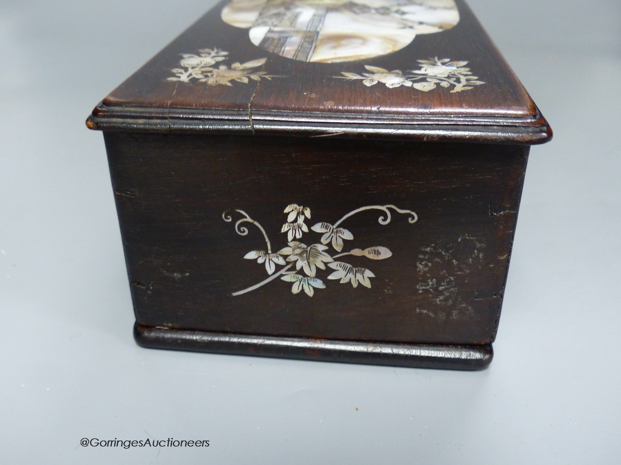 A Chinese Hongmu and mother of pearl brush box, 40cm long